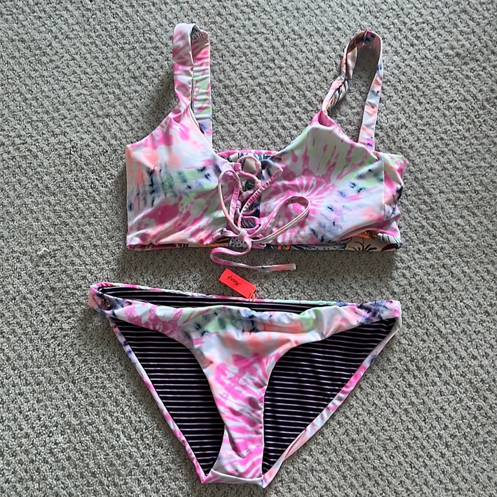 Maaji Rainbows Danzel Lace Up Bralette Bikini Top & Thin Side Bottom Size M NWT